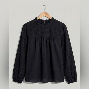 Madewell Black Eyelet Ruffle Neck Blouse S Tie Back Long Sleeve Romantic Boho